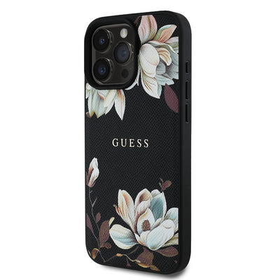 Apple iPhone 16 Pro Max Kılıf Guess Orjinal Lisanslı M-safe Şarj Özellikli Taneli Çiçek Tasarımlı Metal Yazı Logolu Kapak Kırmızı