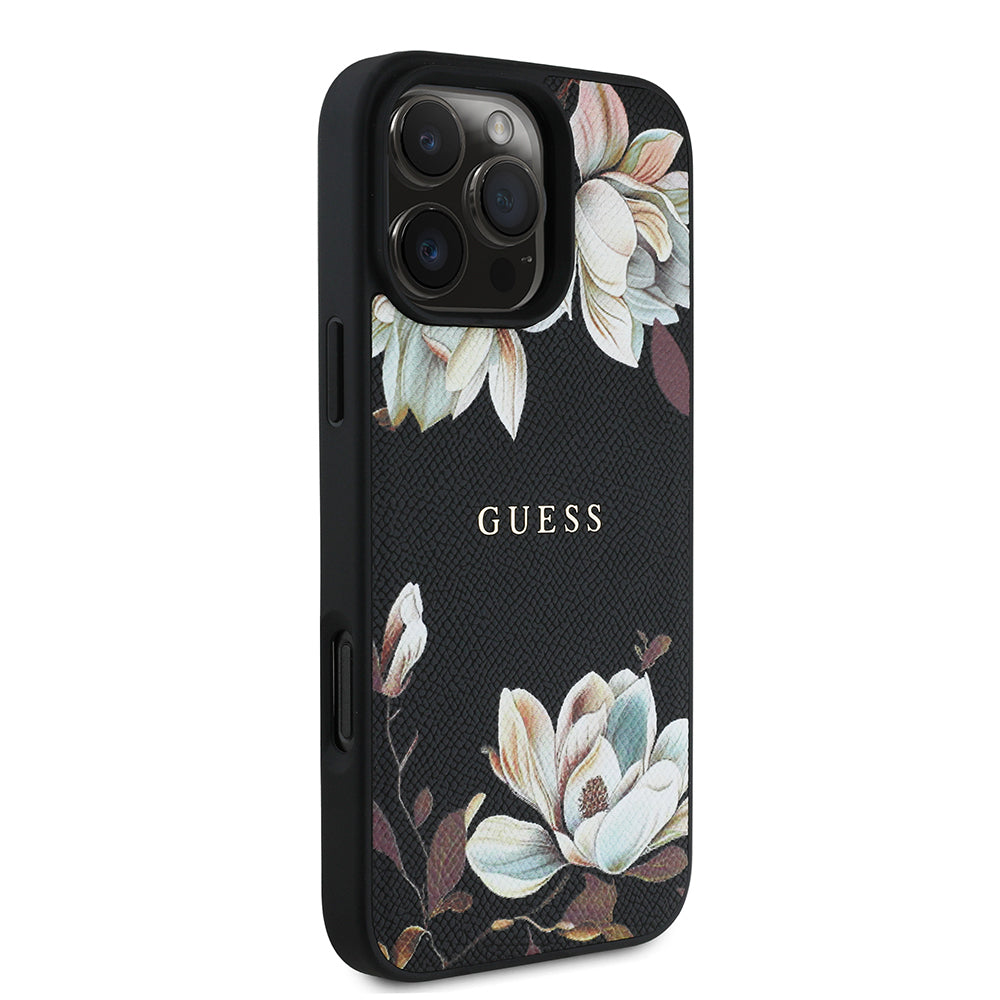 Apple iPhone 16 Pro Max Kılıf Guess Orjinal Lisanslı M-safe Şarj Özellikli Taneli Çiçek Tasarımlı Metal Yazı Logolu Kapak Kırmızı