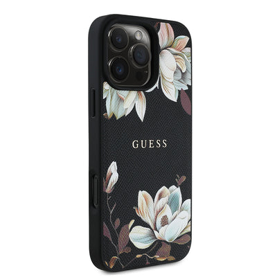 Apple iPhone 16 Pro Max Kılıf Guess Orjinal Lisanslı M-safe Şarj Özellikli Taneli Çiçek Tasarımlı Metal Yazı Logolu Kapak Kırmızı