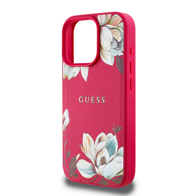 Apple iPhone 16 Pro Max Kılıf Guess Orjinal Lisanslı M-safe Şarj Özellikli Taneli Çiçek Tasarımlı Metal Yazı Logolu Kapak Kırmızı
