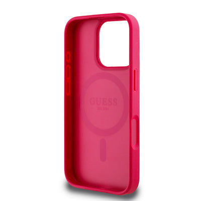 Apple iPhone 16 Pro Max Kılıf Guess Orjinal Lisanslı M-safe Şarj Özellikli Taneli Çiçek Tasarımlı Metal Yazı Logolu Kapak Kırmızı