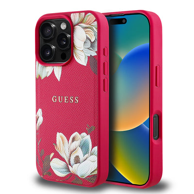 Apple iPhone 16 Pro Max Kılıf Guess Orjinal Lisanslı M-safe Şarj Özellikli Taneli Çiçek Tasarımlı Metal Yazı Logolu Kapak Kırmızı