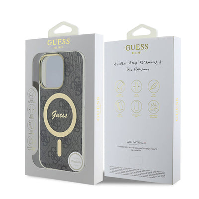 Apple iPhone 16 Pro Max Kılıf Guess Orjinal Lisanslı Magsafe Şarj Özellikli Yazı Logolu 4G Desenli Kapak Kahverengi