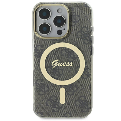 Apple iPhone 16 Pro Max Kılıf Guess Orjinal Lisanslı Magsafe Şarj Özellikli Yazı Logolu 4G Desenli Kapak Kahverengi