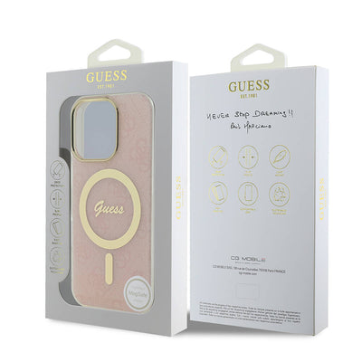 Apple iPhone 16 Pro Max Kılıf Guess Orjinal Lisanslı Magsafe Şarj Özellikli Yazı Logolu 4G Desenli Kapak Pembe