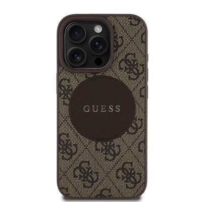 Apple iPhone 16 Pro Max Kılıf Guess Orjinal Lisanslı M-safe Şarj Özellikli Yazı Logolu Circle Classic Kapak Kahverengi