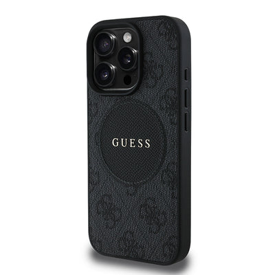 Apple iPhone 16 Pro Max Kılıf Guess Orjinal Lisanslı M-safe Şarj Özellikli Yazı Logolu Circle Classic Kapak Siyah