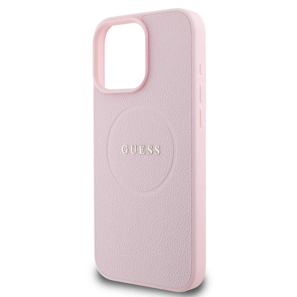 Apple iPhone 16 Pro Max Kılıf Guess Orjinal Lisanslı Magsafe Şarj Özellikli Yazı Logolu Grained Kapak Pembe