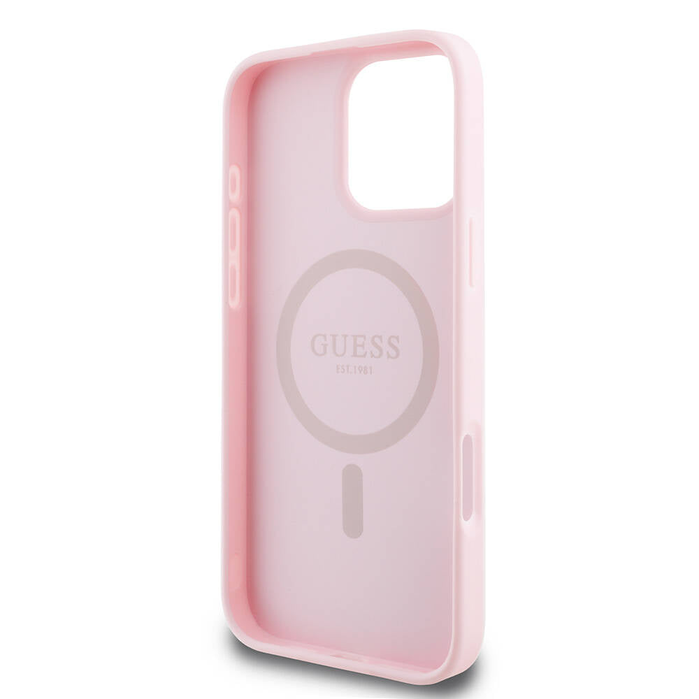 Apple iPhone 16 Pro Max Kılıf Guess Orjinal Lisanslı Magsafe Şarj Özellikli Yazı Logolu Grained Kapak Pembe