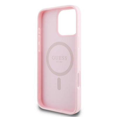 Apple iPhone 16 Pro Max Kılıf Guess Orjinal Lisanslı Magsafe Şarj Özellikli Yazı Logolu Grained Kapak Pembe