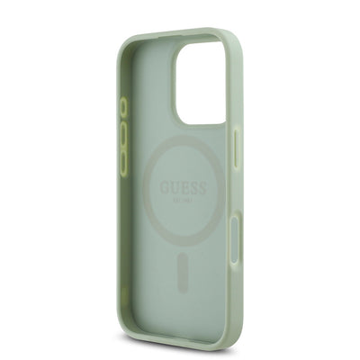 Apple iPhone 16 Pro Max Kılıf Guess Orjinal Lisanslı Magsafe Şarj Özellikli Yazı Logolu Grained Kapak Yeşil