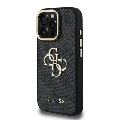Apple iPhone 16 Pro Max Kılıf Guess Orjinal Lisanslı PU Deri 4G Desenli Metal Büyük 4G ve Yazı Logolu Kamera Standlı Kapak Siyah