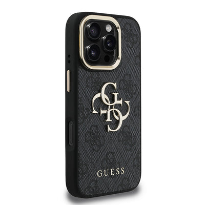 Apple iPhone 16 Pro Max Kılıf Guess Orjinal Lisanslı PU Deri 4G Desenli Metal Büyük 4G ve Yazı Logolu Kamera Standlı Kapak Siyah