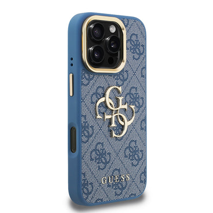 iPhone 16 Pro Max Kılıf Guess Orjinal Lisanslı PU Deri 4G Desenli Metal Büyük 4G ve Yazı Logolu Kamera Standlı Kılıf