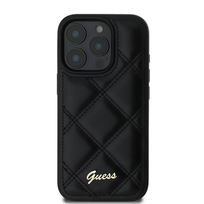 Apple iPhone 16 Pro Max Kılıf Guess Orjinal Lisanslı PU Deri Metal Yazı Logolu Kapitone Kapak Siyah