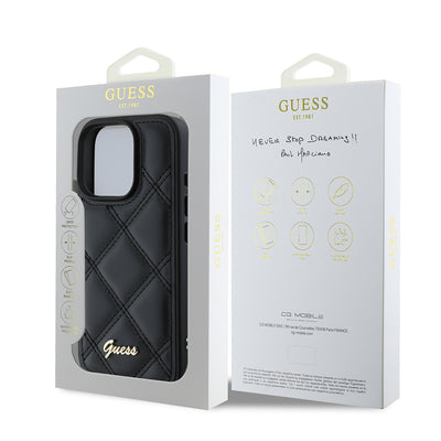 Apple iPhone 16 Pro Max Kılıf Guess Orjinal Lisanslı PU Deri Metal Yazı Logolu Kapitone Kapak Siyah