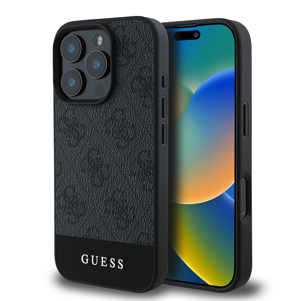 Apple iPhone 16 Pro Max Kılıf Guess Orjinal Lisanslı PU Deri Şerit Logo Dizaynlı Kapak Kahverengi