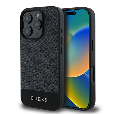 Apple iPhone 16 Pro Max Kılıf Guess Orjinal Lisanslı PU Deri Şerit Logo Dizaynlı Kapak Kahverengi