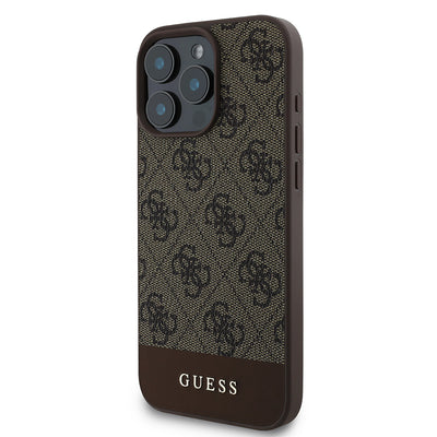 Apple iPhone 16 Pro Max Kılıf Guess Orjinal Lisanslı PU Deri Şerit Logo Dizaynlı Kapak Kahverengi