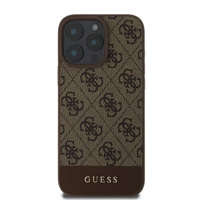 Apple iPhone 16 Pro Max Kılıf Guess Orjinal Lisanslı PU Deri Şerit Logo Dizaynlı Kapak Kahverengi