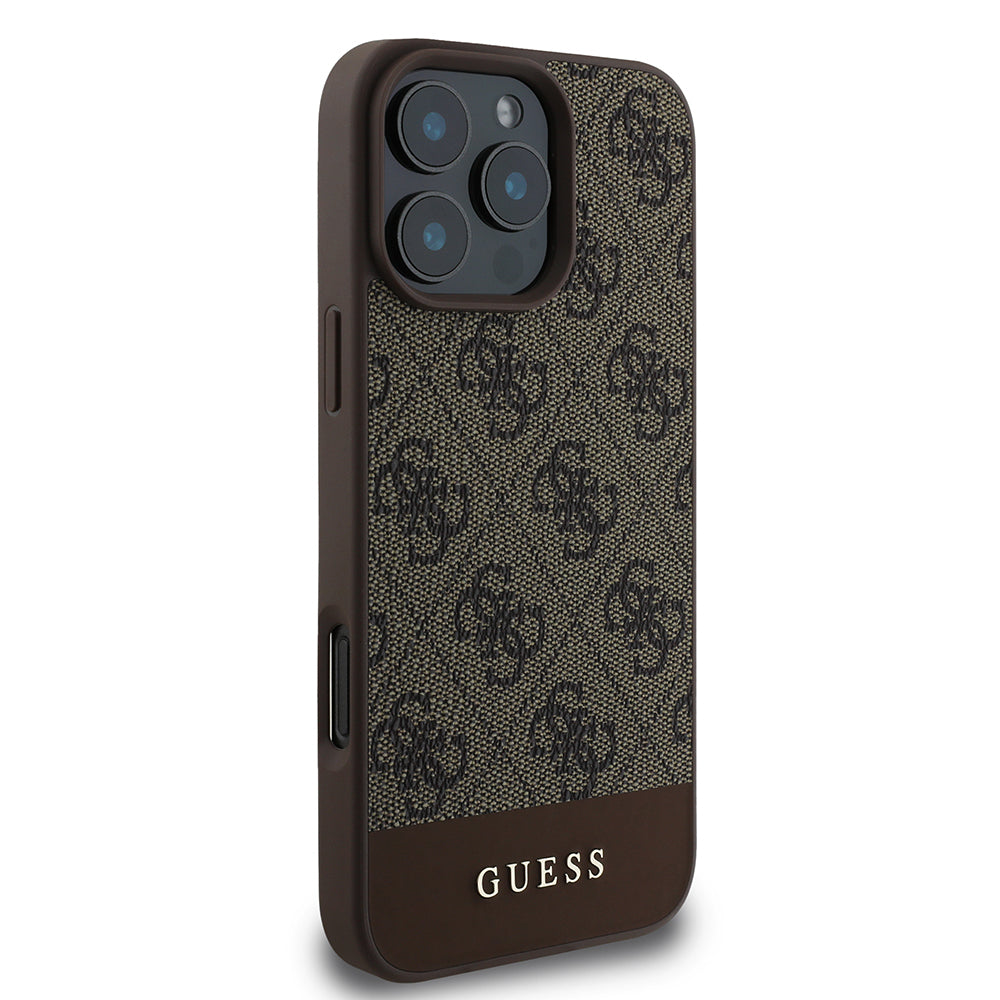Apple iPhone 16 Pro Max Kılıf Guess Orjinal Lisanslı PU Deri Şerit Logo Dizaynlı Kapak Kahverengi