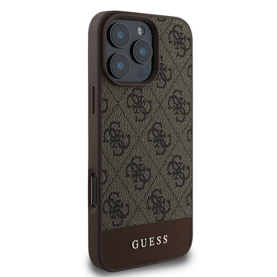 Apple iPhone 16 Pro Max Kılıf Guess Orjinal Lisanslı PU Deri Şerit Logo Dizaynlı Kapak Kahverengi