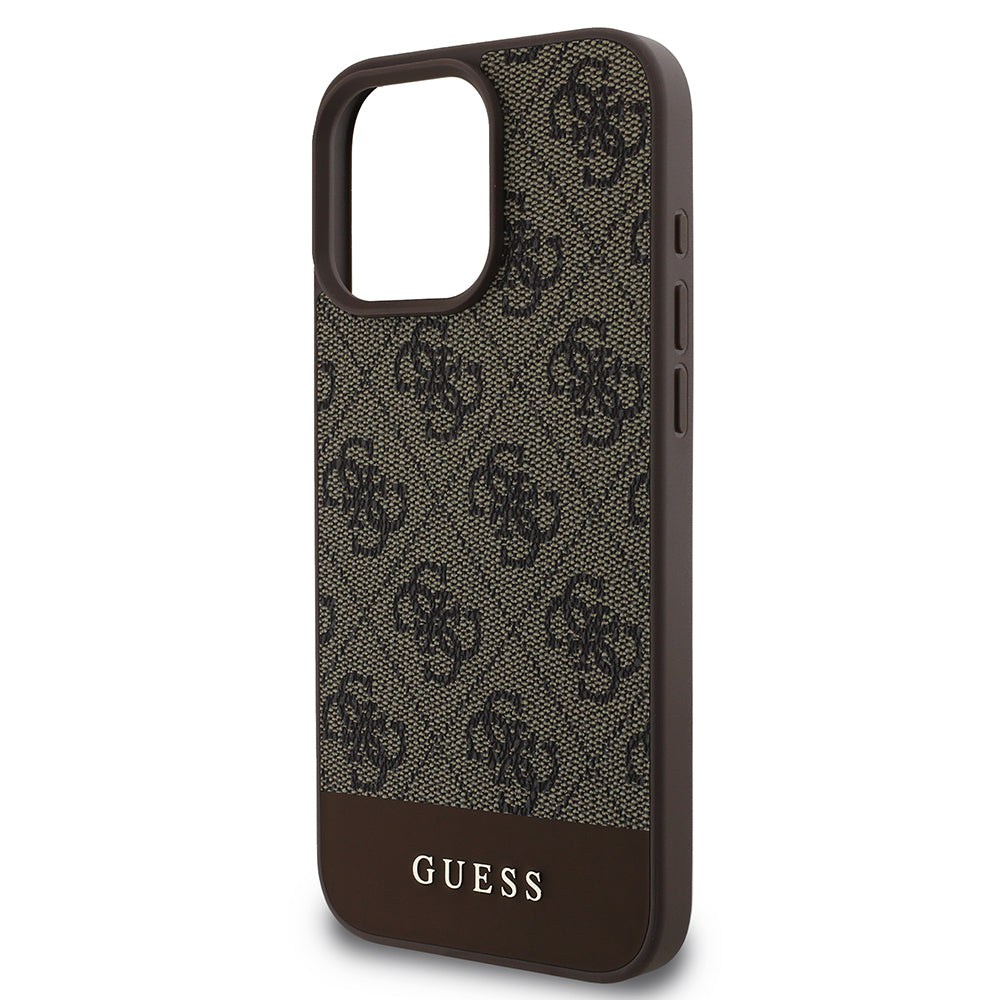 Apple iPhone 16 Pro Max Kılıf Guess Orjinal Lisanslı PU Deri Şerit Logo Dizaynlı Kapak Kahverengi
