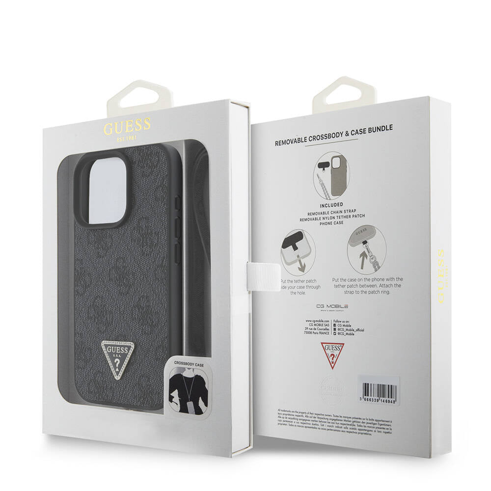 iPhone 16 Pro Max Kılıf Guess Orjinal Lisanslı PU Deri Taşlı Metal Üçgen Logolu Çapraz Vücut Askılı 4G Desenli Kılıf