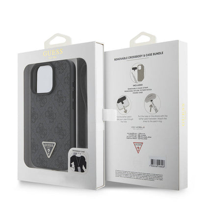 iPhone 16 Pro Max Kılıf Guess Orjinal Lisanslı PU Deri Taşlı Metal Üçgen Logolu Çapraz Vücut Askılı 4G Desenli Kılıf