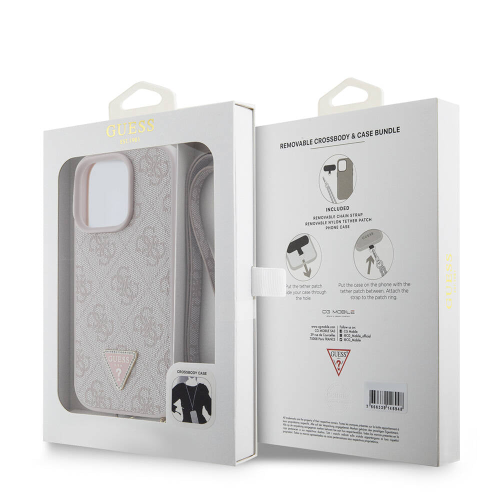 iPhone 16 Pro Max Kılıf Guess Orjinal Lisanslı PU Deri Taşlı Metal Üçgen Logolu Çapraz Vücut Askılı 4G Desenli Kılıf