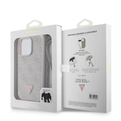 iPhone 16 Pro Max Kılıf Guess Orjinal Lisanslı PU Deri Taşlı Metal Üçgen Logolu Çapraz Vücut Askılı 4G Desenli Kılıf