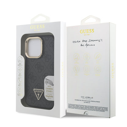 iPhone 16 Pro Max Kılıf Guess Orjinal Lisanslı PU Deri Taşlı Üçgen Logo 4G Desenli Kamera Standlı Kılıf