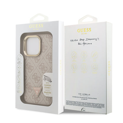 iPhone 16 Pro Max Kılıf Guess Orjinal Lisanslı PU Deri Taşlı Üçgen Logo 4G Desenli Kamera Standlı Kılıf