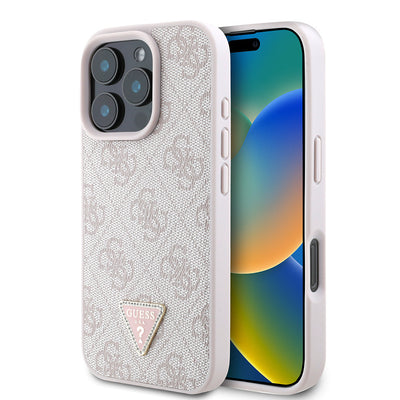 Apple iPhone 16 Pro Max Kılıf Guess Orjinal Lisanslı PU Deri Taşlı Üçgen Logo 4G Desenli Strass Kapak Siyah