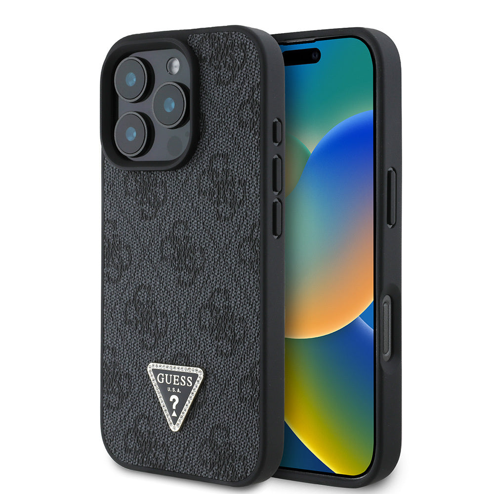 Apple iPhone 16 Pro Max Kılıf Guess Orjinal Lisanslı PU Deri Taşlı Üçgen Logo 4G Desenli Strass Kapak Siyah