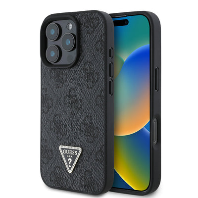 Apple iPhone 16 Pro Max Kılıf Guess Orjinal Lisanslı PU Deri Taşlı Üçgen Logo 4G Desenli Strass Kapak Siyah