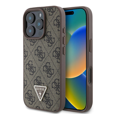 Apple iPhone 16 Pro Max Kılıf Guess Orjinal Lisanslı PU Deri Taşlı Üçgen Logo 4G Desenli Strass Kapak Siyah