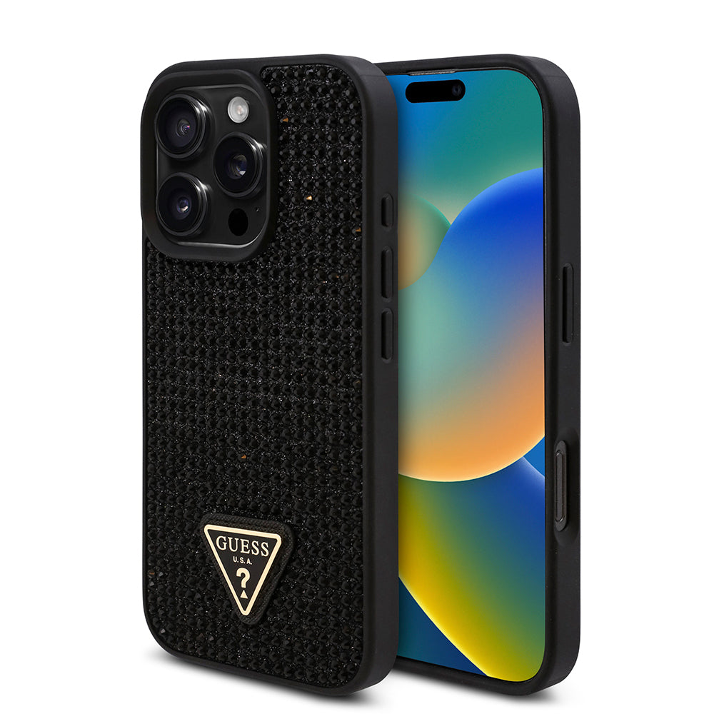Apple iPhone 16 Pro Max Kılıf Guess Orjinal Lisanslı Taşlı Arka Yüzey Üçgen Logolu Kapak Gümüş