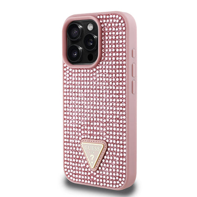 Apple iPhone 16 Pro Max Kılıf Guess Orjinal Lisanslı Taşlı Arka Yüzey Üçgen Logolu Kapak Gold