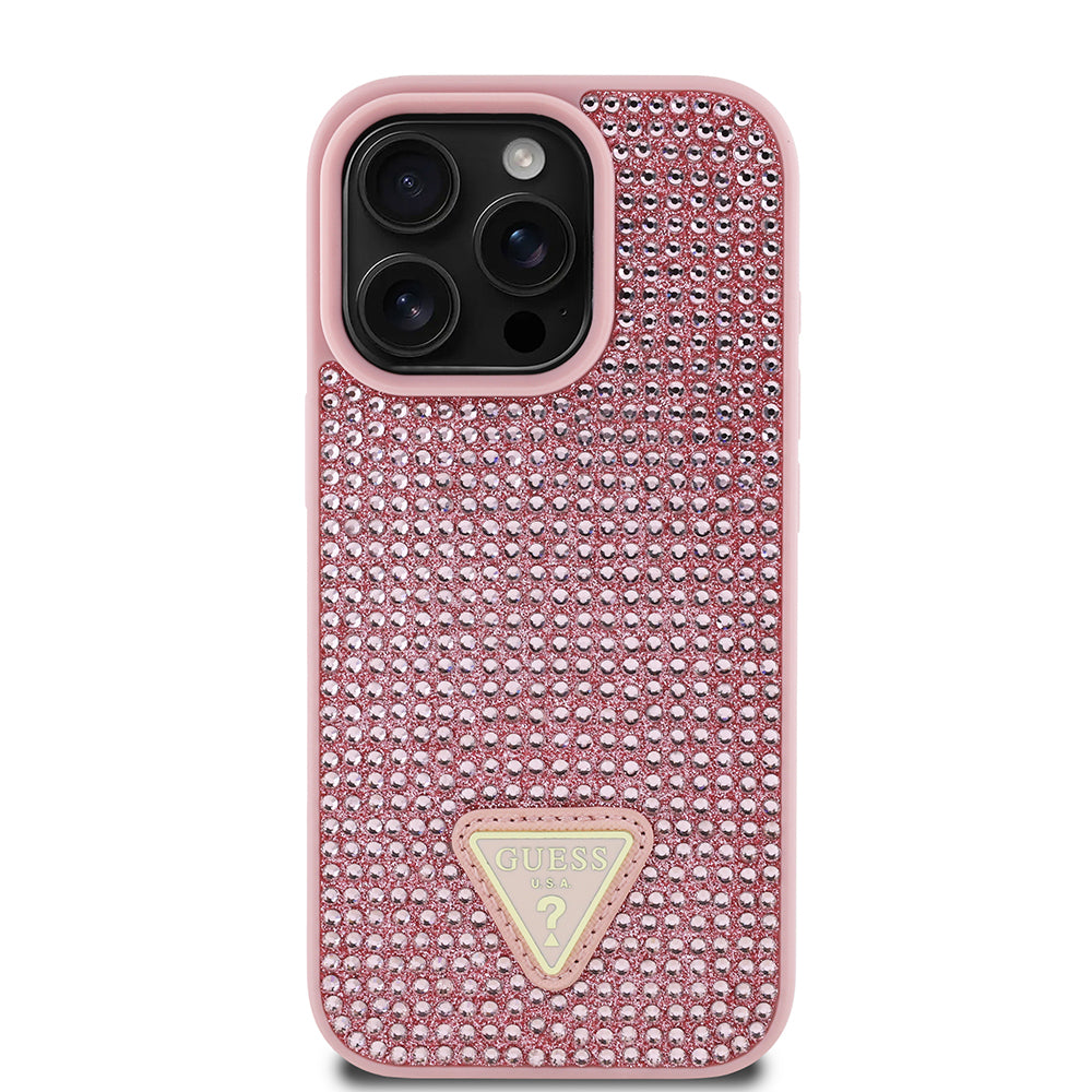 Apple iPhone 16 Pro Max Kılıf Guess Orjinal Lisanslı Taşlı Arka Yüzey Üçgen Logolu Kapak Gümüş