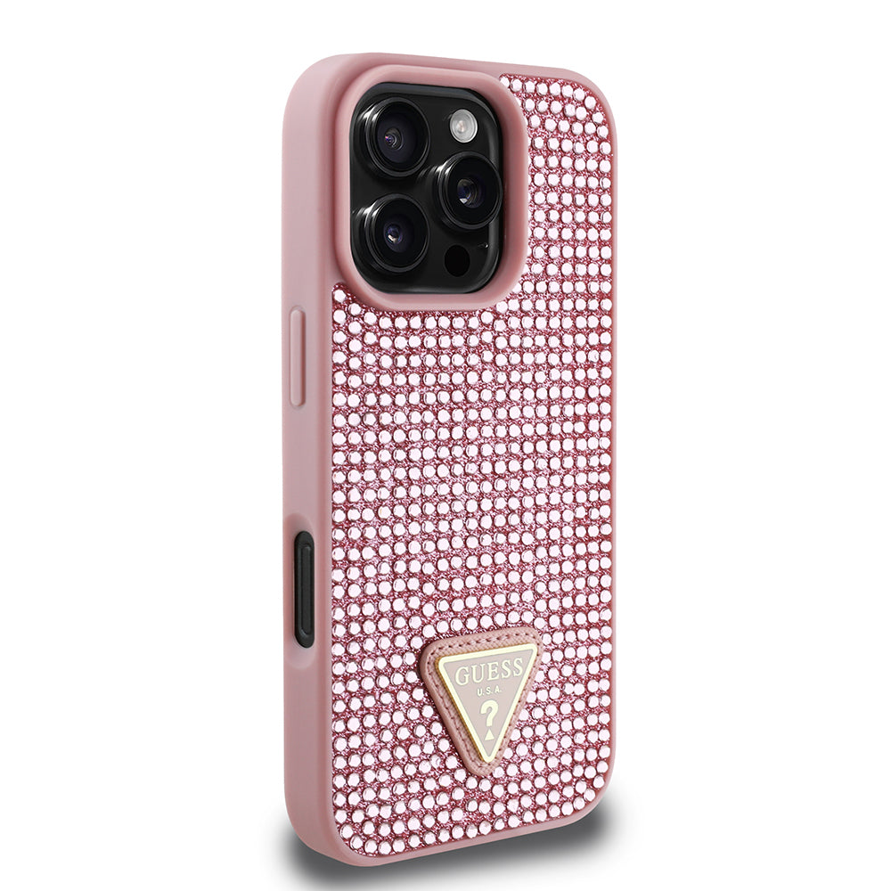 Apple iPhone 16 Pro Max Kılıf Guess Orjinal Lisanslı Taşlı Arka Yüzey Üçgen Logolu Kapak Gümüş