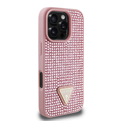 Apple iPhone 16 Pro Max Kılıf Guess Orjinal Lisanslı Taşlı Arka Yüzey Üçgen Logolu Kapak Gold