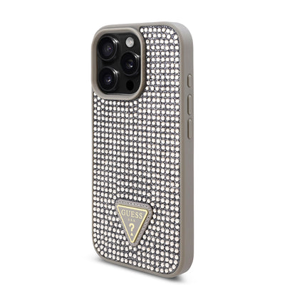 Apple iPhone 16 Pro Max Kılıf Guess Orjinal Lisanslı Taşlı Arka Yüzey Üçgen Logolu Kapak Pembe