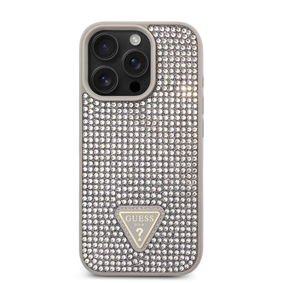Apple iPhone 16 Pro Max Kılıf Guess Orjinal Lisanslı Taşlı Arka Yüzey Üçgen Logolu Kapak Pembe