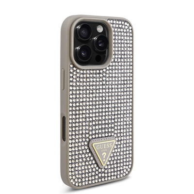 Apple iPhone 16 Pro Max Kılıf Guess Orjinal Lisanslı Taşlı Arka Yüzey Üçgen Logolu Kapak Gold