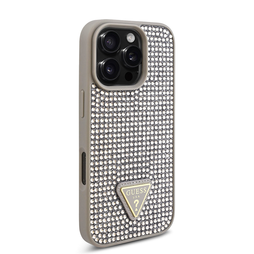 Apple iPhone 16 Pro Max Kılıf Guess Orjinal Lisanslı Taşlı Arka Yüzey Üçgen Logolu Kapak Pembe