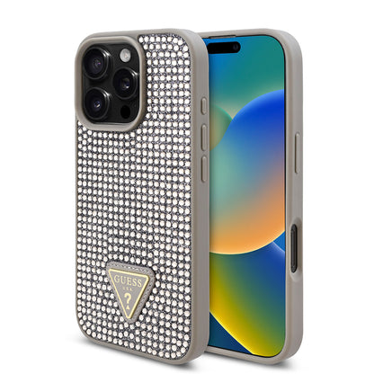 iPhone 16 Pro Max Kılıf Guess Orjinal Lisanslı Taşlı Arka Yüzey Üçgen Logolu Kılıf