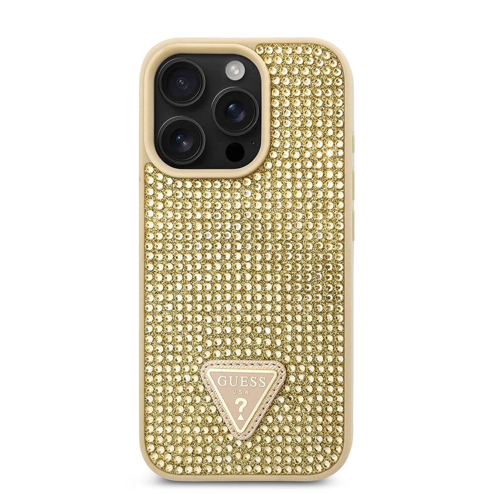 Apple iPhone 16 Pro Max Kılıf Guess Orjinal Lisanslı Taşlı Arka Yüzey Üçgen Logolu Kapak Gümüş