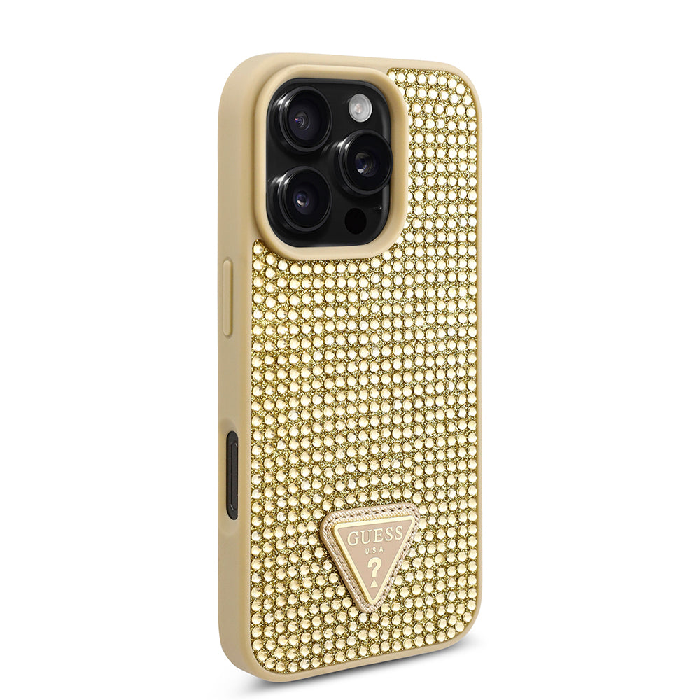 Apple iPhone 16 Pro Max Kılıf Guess Orjinal Lisanslı Taşlı Arka Yüzey Üçgen Logolu Kapak Gold