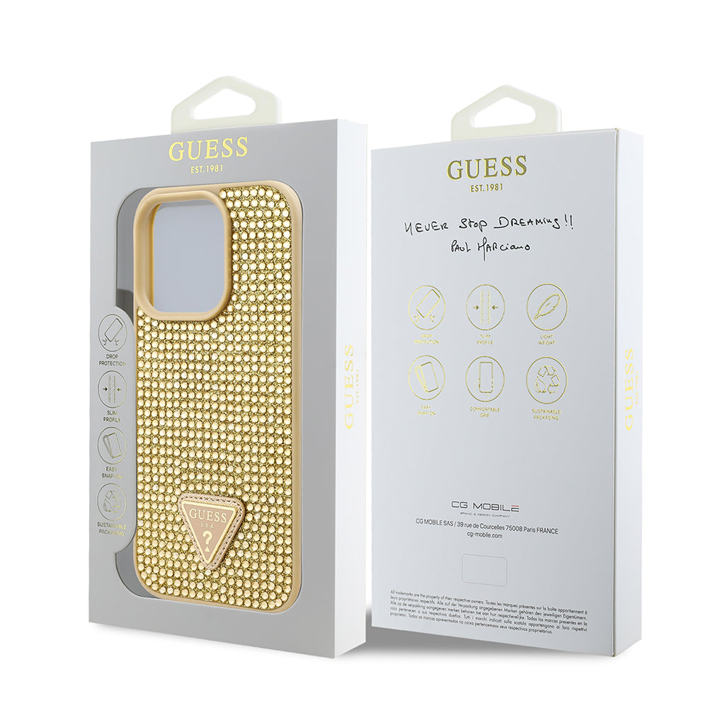 Apple iPhone 16 Pro Max Kılıf Guess Orjinal Lisanslı Taşlı Arka Yüzey Üçgen Logolu Kapak Gold